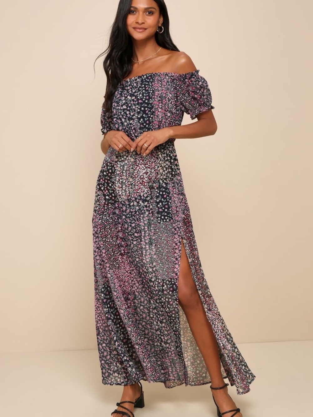 Lulu's Neva Navy Blue Floral Off-Shoulder Maxi Dress